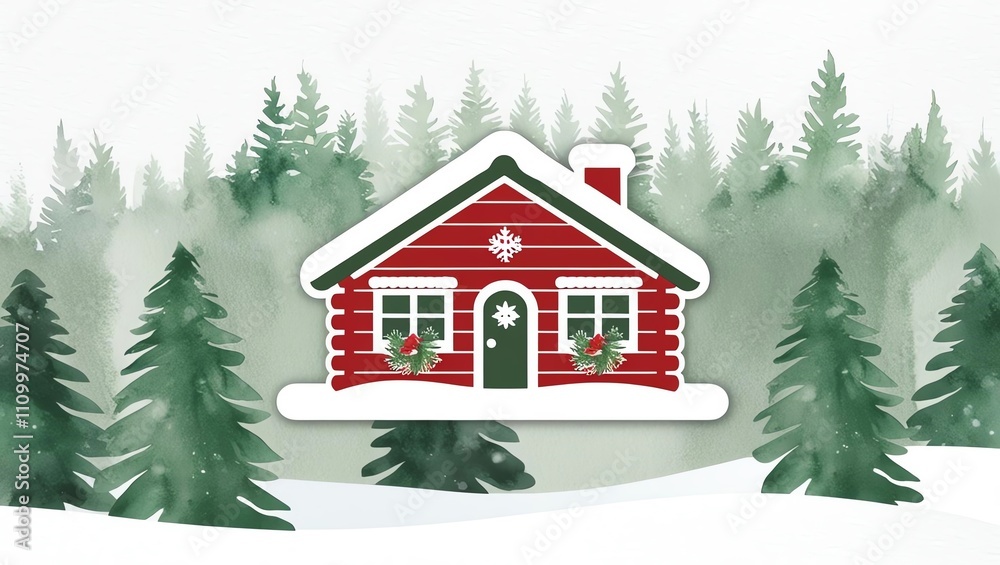 Cozy red cabin in a snowy forest landscape during winter season. Cozy red cabin in a snowy forest landscape during winter season.