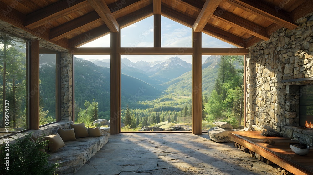 A serene mountain lodge with natural stone walls, timber beams, and panoramic views of a forested valley. A serene mountain lodge with natural stone walls, timber beams, and panoramic views of a forested valley.