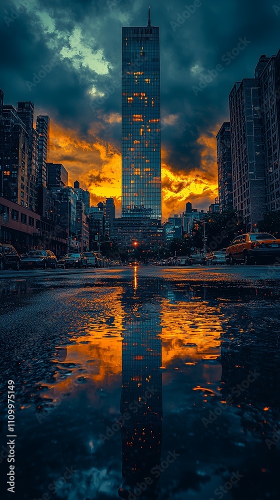 Fototapeta premium A city landscape with reflection in water on the street. 