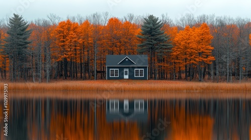 A small blue house sits alone on a lake, surrounded by fall foliage.