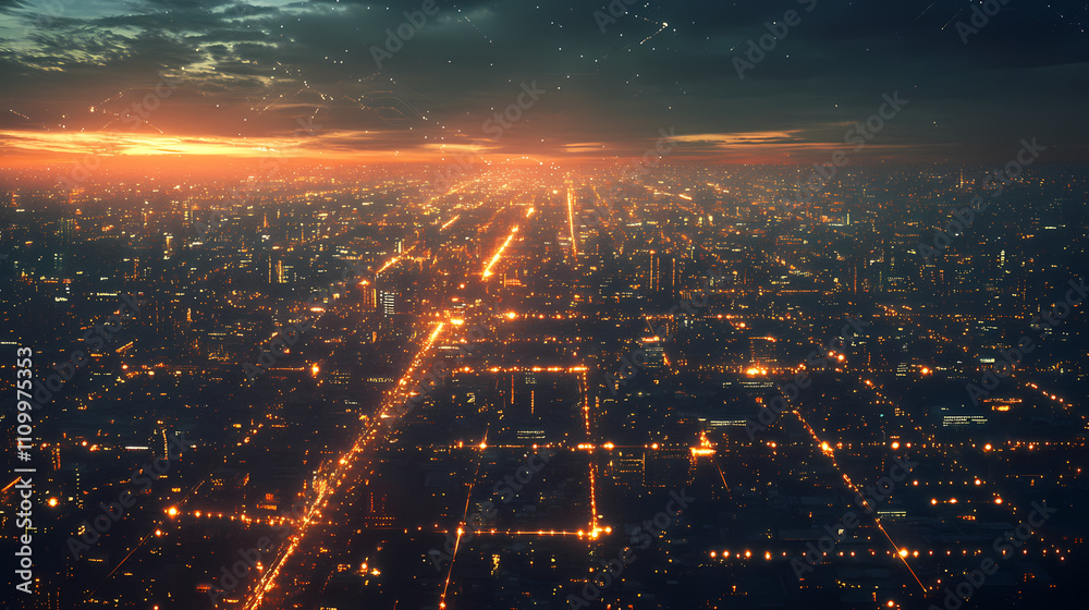 Obraz premium A city at twilight, illuminated by an interconnected network. Illuminated. Illustration