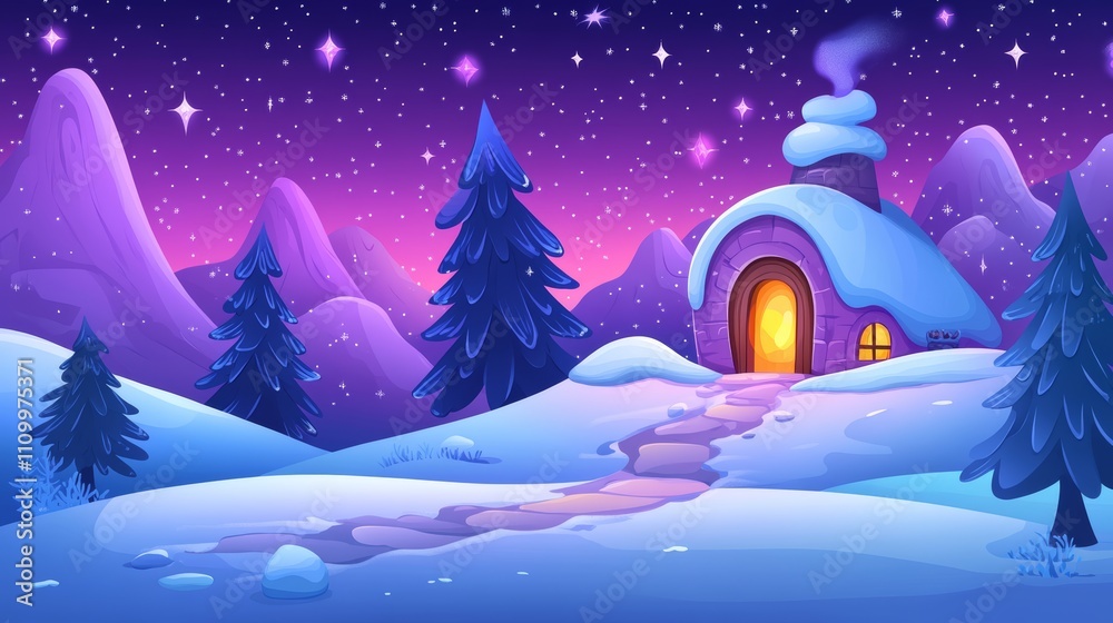 A small cozy cabin with snow on the roof sits on a hill with snow covered ground in front and trees on either side. The scene takes place at night with a star filled purple sky. A small cozy cabin with snow on the roof sits on a hill with snow covered ground in front and trees on either side. The scene takes place at night with a star filled purple sky.
