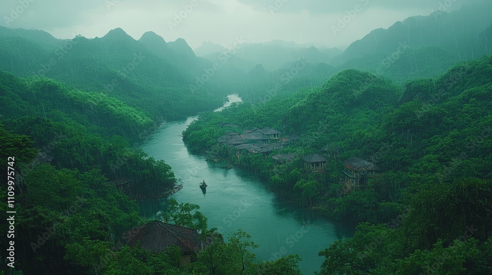A small village nestled in a valley, with a river winding through the mist. A small village nestled in a valley, with a river winding through the mist.