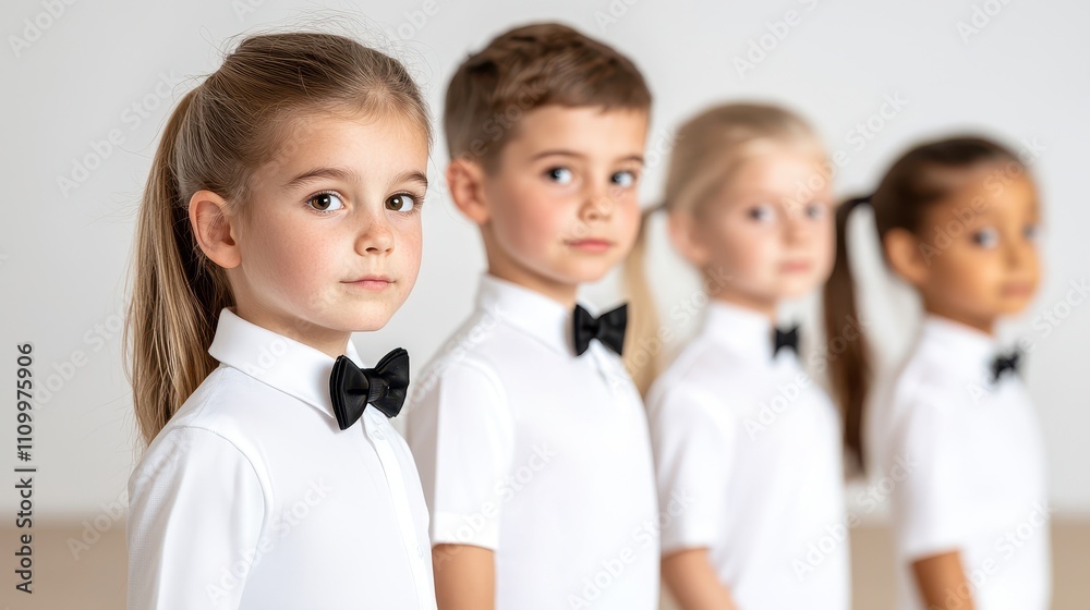 Kids Dance Class Concept, Focused Kids Engaged in Ballroom Dancing Class with Elegant Attire and Expressions Kids Dance Class Concept, Focused Kids Engaged in Ballroom Dancing Class with Elegant Attire and Expressions