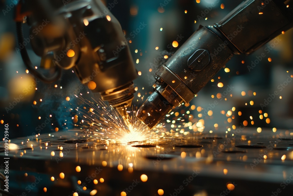 Two robotic arms welding metal, sparks flying. Illustrates industrial automation and precision manufacturing processes. Two robotic arms welding metal, sparks flying. Illustrates industrial automation and precision manufacturing processes.