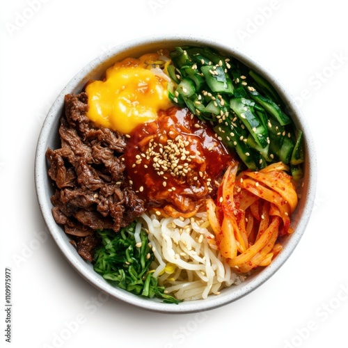 A Korean-style beef bibimbap bowl with kimchi and gochujang sauce, isolated white background, minimalist art style