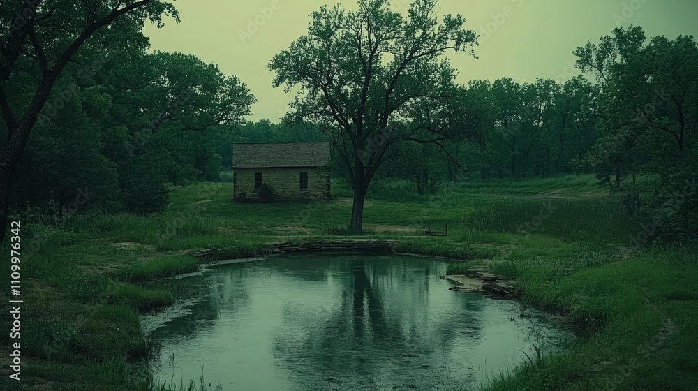 A small, abandoned house stands near a pond in a quiet, wooded area. A small, abandoned house stands near a pond in a quiet, wooded area.