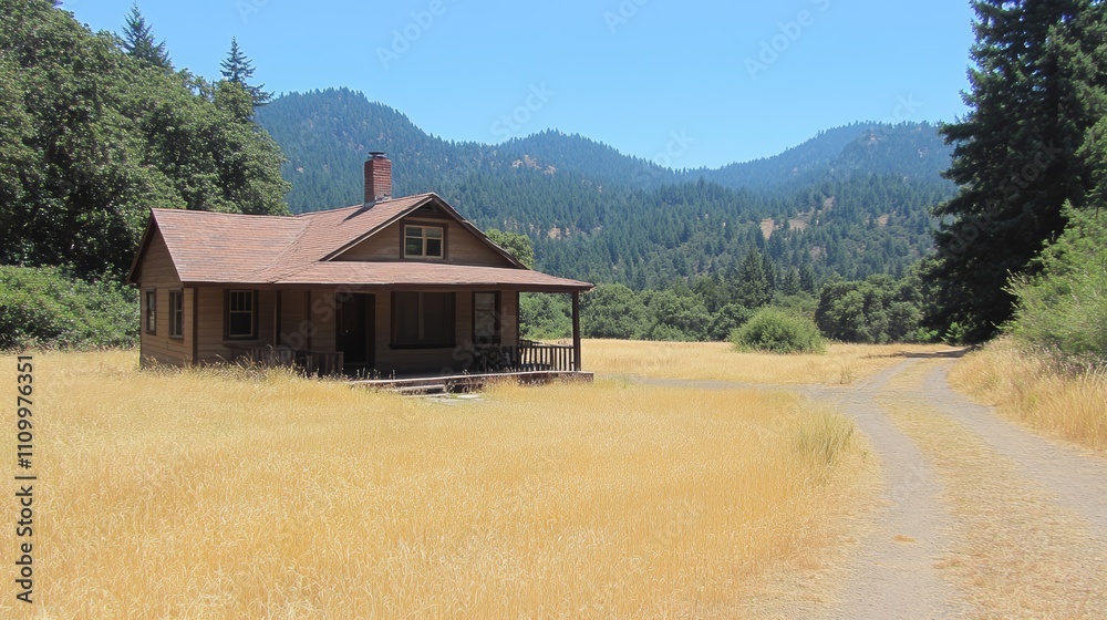 A small, one-story house sits on a grassy field with a dirt road leading to it. The house has a porch and a chimney. The field is surrounded by trees and mountains. A small, one-story house sits on a grassy field with a dirt road leading to it. The house has a porch and a chimney. The field is surrounded by trees and mountains.