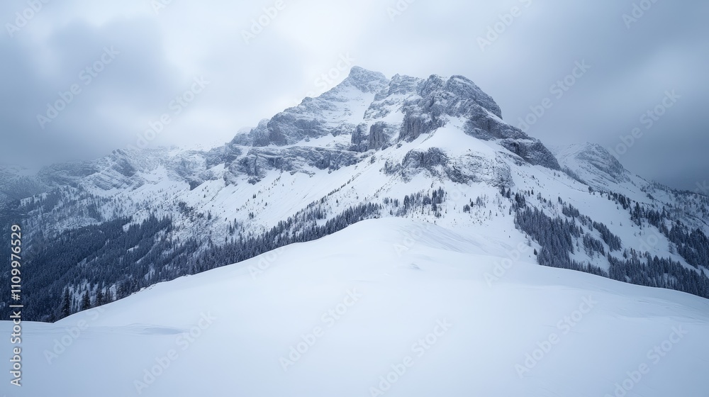A snow-covered mountain peak rises through a cloudy sky. A snow-covered mountain peak rises through a cloudy sky.