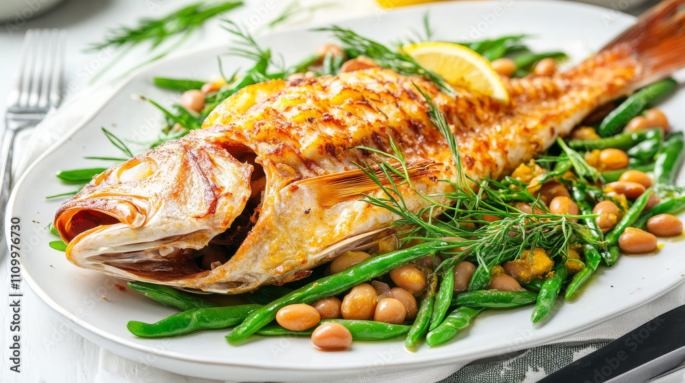 Roasted Monkfish with Green Beans and Beans, Lemon Garnish, Mediterranean Style Roasted Monkfish with Green Beans and Beans, Lemon Garnish, Mediterranean Style