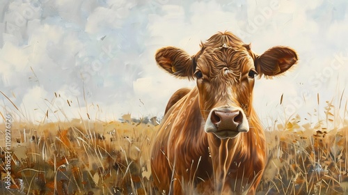 A Stunning Portrait of a Brown Cow in a Field of Tall Grass Under a Cloudy Sky photo