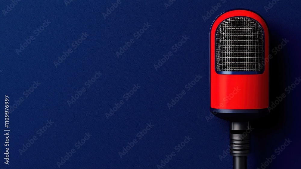 Fototapeta premium A voice needs clarity and speech. Microphone in red on a blue background for audio recording.