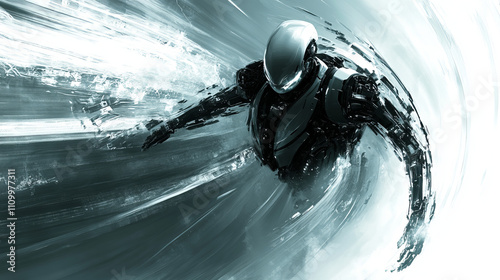 Brusselator Robot: Futuristic Minimalist Design, Dynamic Motion Blur, Abstract Painting