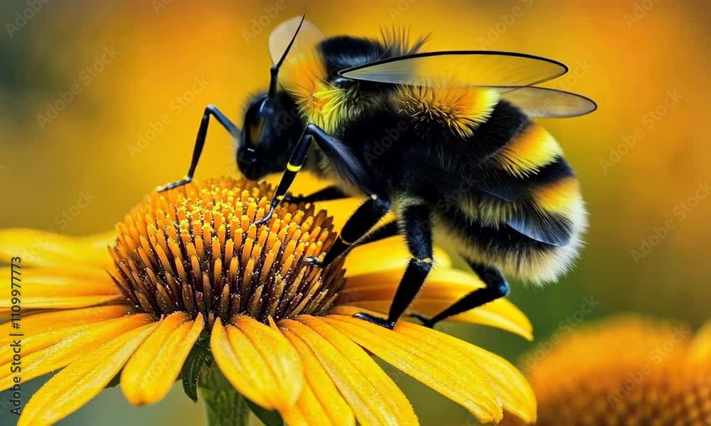 Close-Up of Bumblebee Collecting Nectar from Bright Yellow Flower Close-Up of Bumblebee Collecting Nectar from Bright Yellow Flower