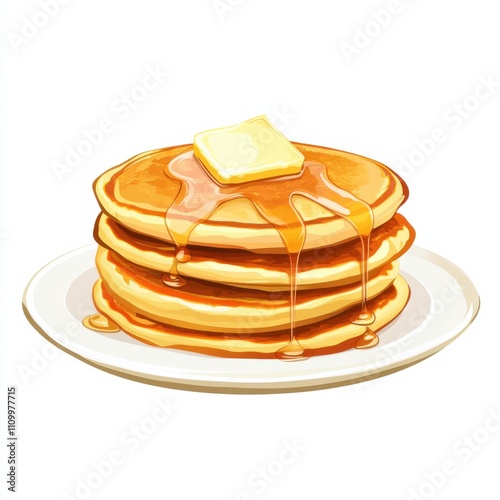 A mouthwatering stack of fluffy pancakes with maple syrup and butter, isolated white background, pop art style