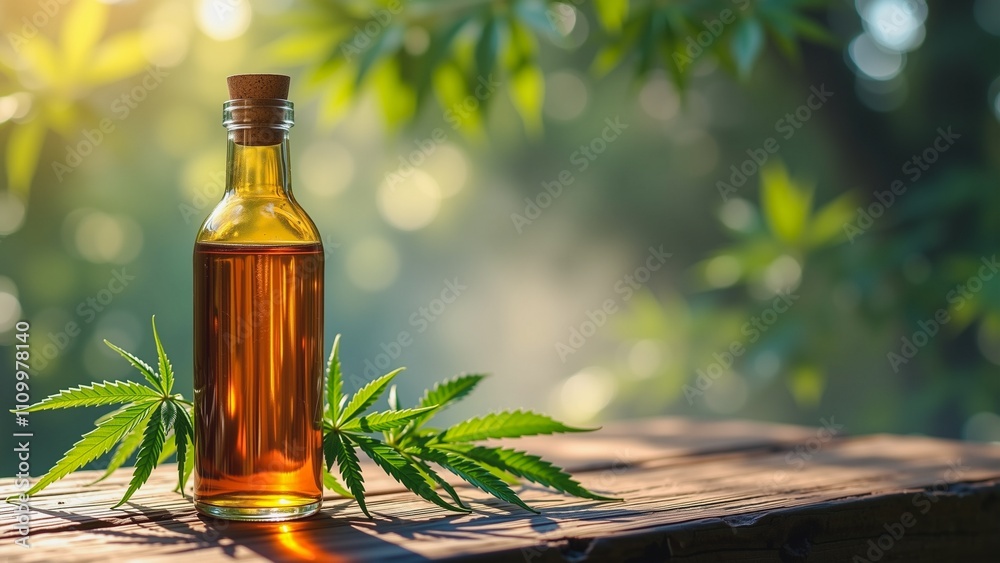 Amber Elixir Among Verdant Leaves, A bottle of amber-colored liquid, perhaps oil or syrup, rests on rustic wood surrounded by lush green cannabis leaves. Amber Elixir Among Verdant Leaves, A bottle of amber-colored liquid, perhaps oil or syrup, rests on rustic wood surrounded by lush green cannabis leaves.
