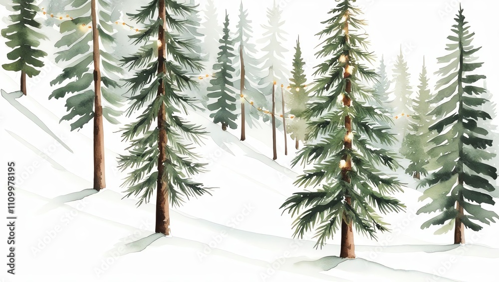 Obraz premium Snowy landscape with tall pine trees in a serene winter setting.