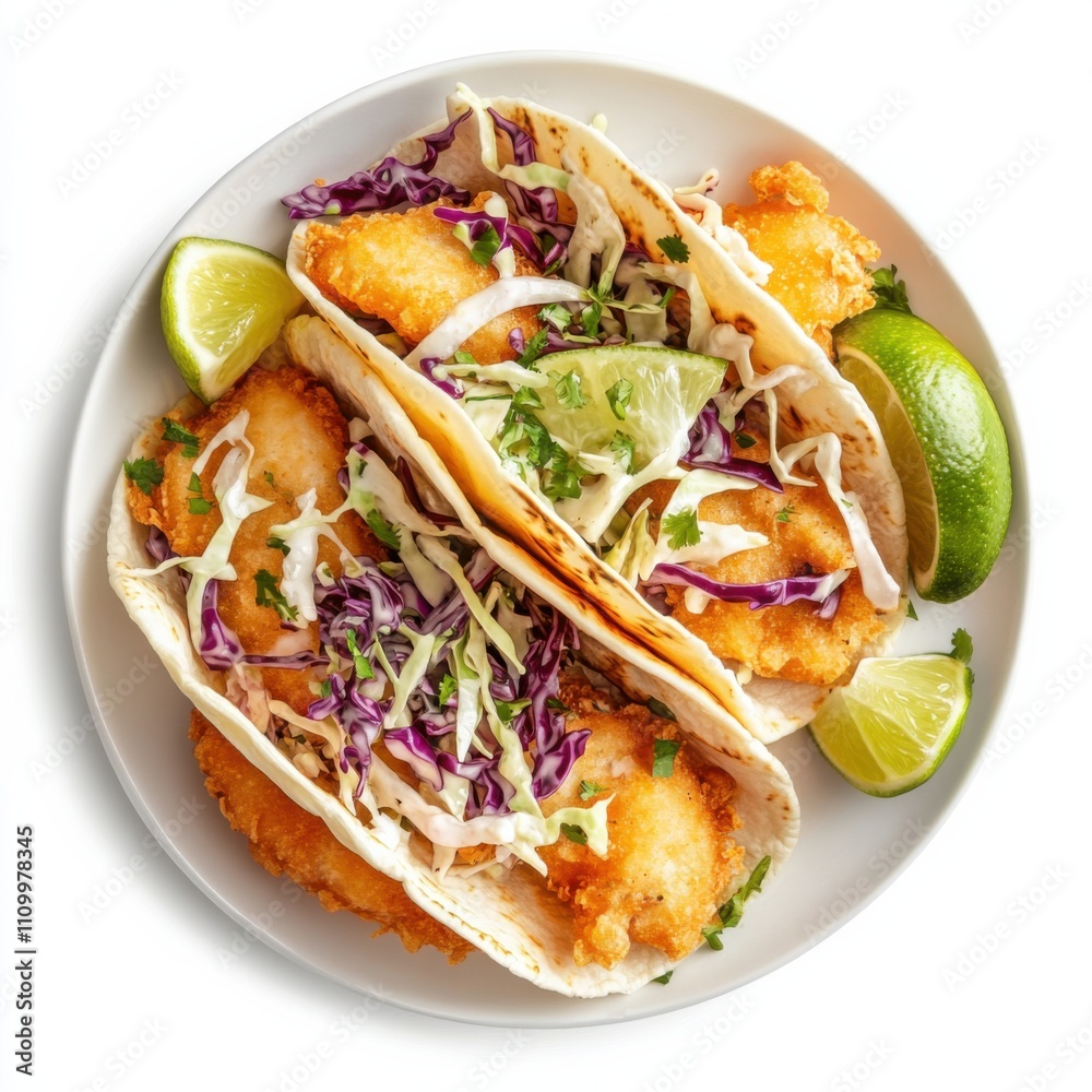 A plate of crispy fish tacos with cabbage slaw and lime wedges, isolated white background, minimalistic art style A plate of crispy fish tacos with cabbage slaw and lime wedges, isolated white background, minimalistic art style