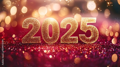 The number "2025" in shimmering gold glitter on a bold red background, sophisticated font, glowing aura, creating a mystical and magical New Year mood