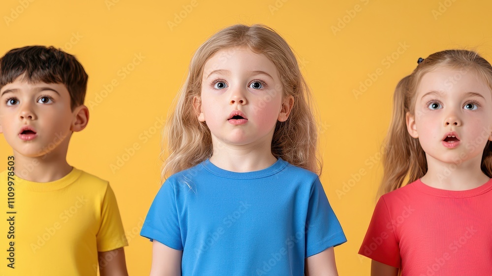 Kids Dance Class Concept, Children Expressing Excitement During Dance Rehearsal in Bright Colorful T-Shirts Kids Dance Class Concept, Children Expressing Excitement During Dance Rehearsal in Bright Colorful T-Shirts