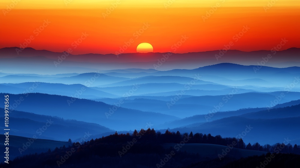 Fototapeta premium A vibrant sunset casts a warm glow over a vast expanse of rolling hills, creating a breathtaking and serene landscape.