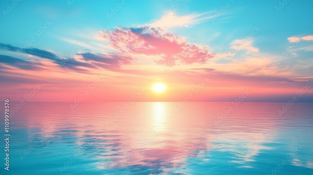 Fototapeta premium A vibrant sunset casts a warm glow on a calm sea.