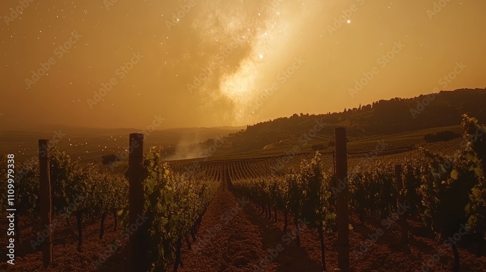 Obraz premium A vineyard under a starry night sky with the Milky Way visible in the distance.