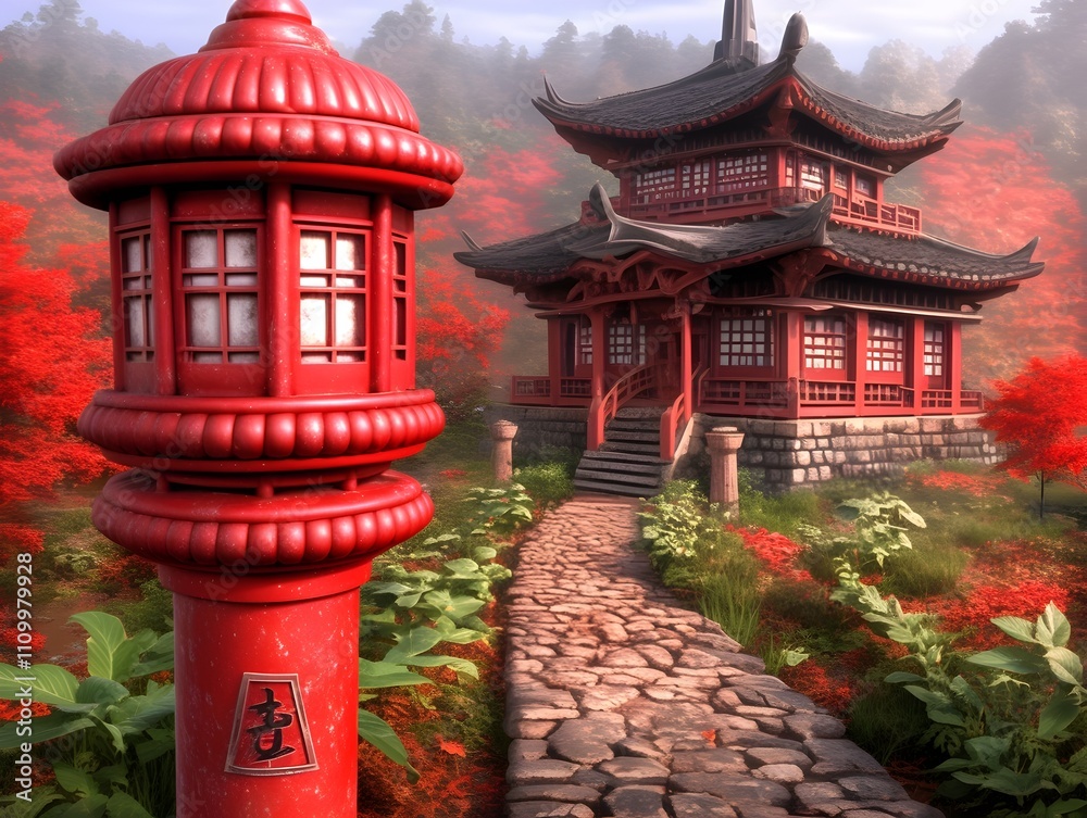 Enchanting Japanese Temple Pagoda Amidst Lush Garden Landscape with Red Structures and Winding Path