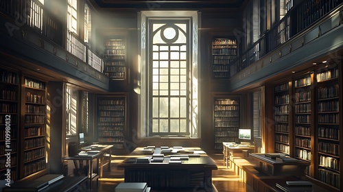 Sunlit grand library interior with bookshelves, tables, and large window.
