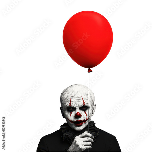 A clown with a red balloon is holding it in his hand. transparent background