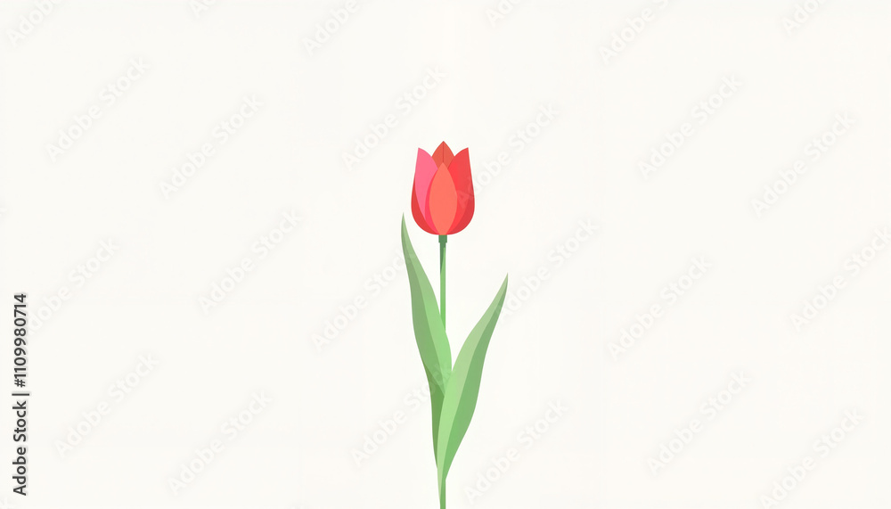 Obraz premium Single red tulip with green leaves on a minimalist background, simple and elegant, copy space