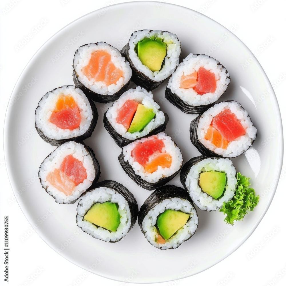 A plate of sushi rolls including tuna, salmon, and avocado A plate of sushi rolls including tuna, salmon, and avocado