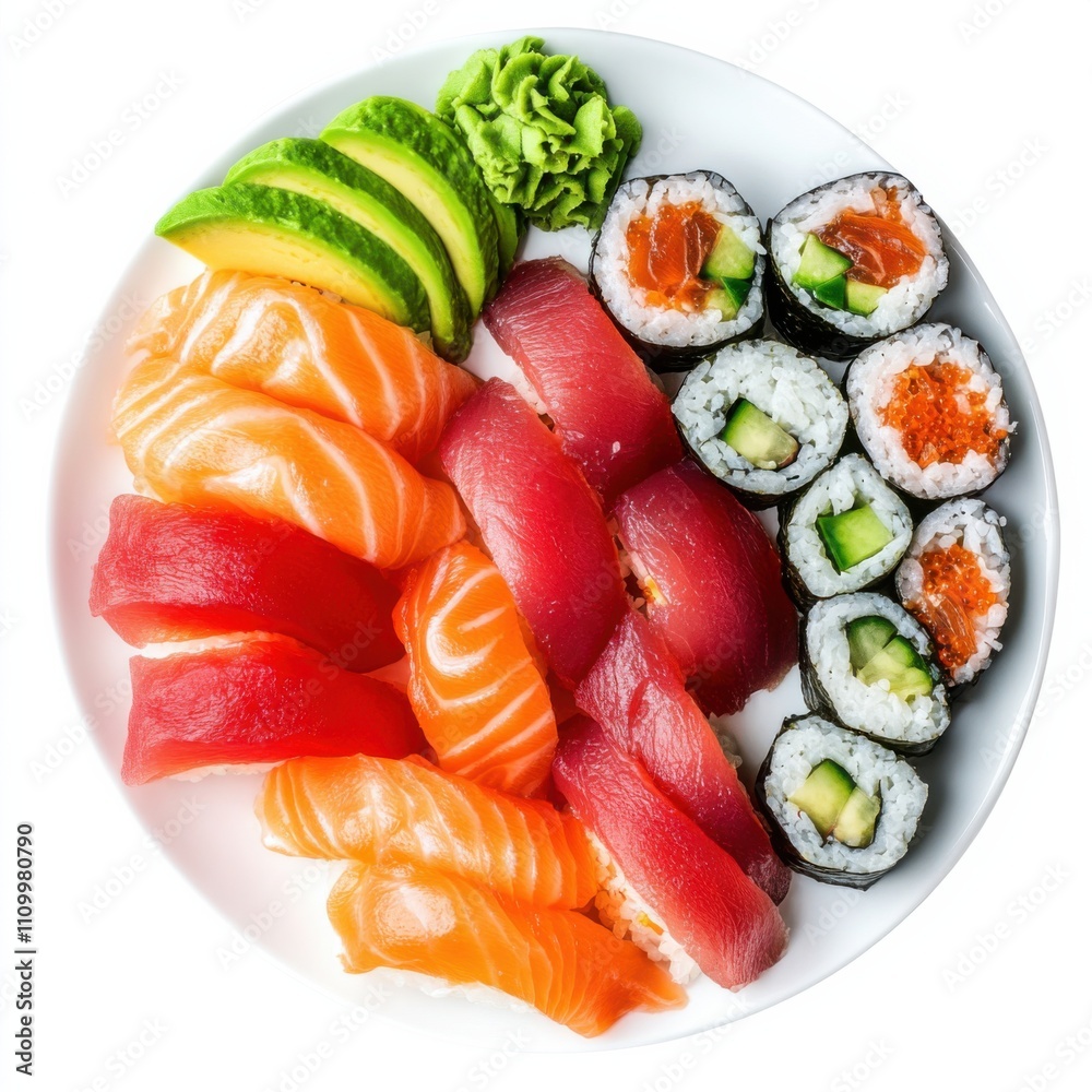 A plate of sushi rolls including tuna, salmon, and avocado A plate of sushi rolls including tuna, salmon, and avocado