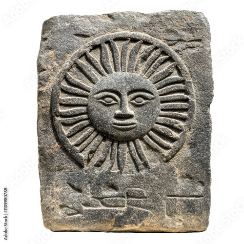 A stone carving of a sun with a face on it. transparent background