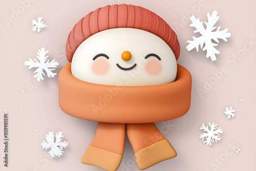 Cute 3D Winter Character with Scarf and Snowflakes