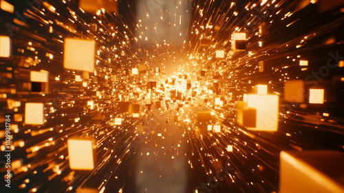 Golden Cubes Abstract 3D Rendering, Quantum Data, Technology Background, Futuristic Tunnel, Particle Swarm photo