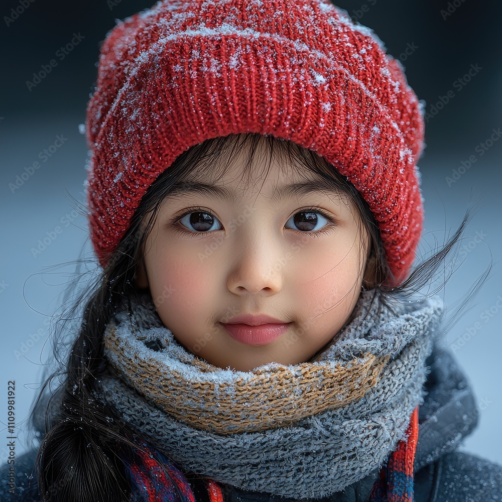Softly illuminated, a young girl with striking features enjoys the winter season, wearing a cropped winter jacket and a cozy hat amidst the light snowfall Softly illuminated, a young girl with striking features enjoys the winter season, wearing a cropped winter jacket and a cozy hat amidst the light snowfall