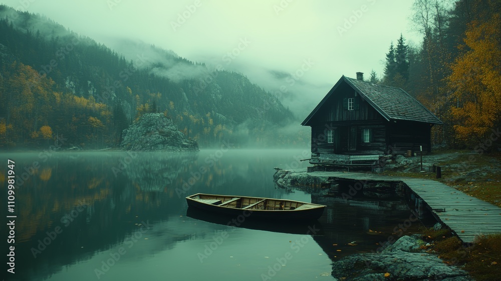 Fototapeta premium A wooden cabin sits on the shore of a misty lake, with a small wooden boat floating in the water.
