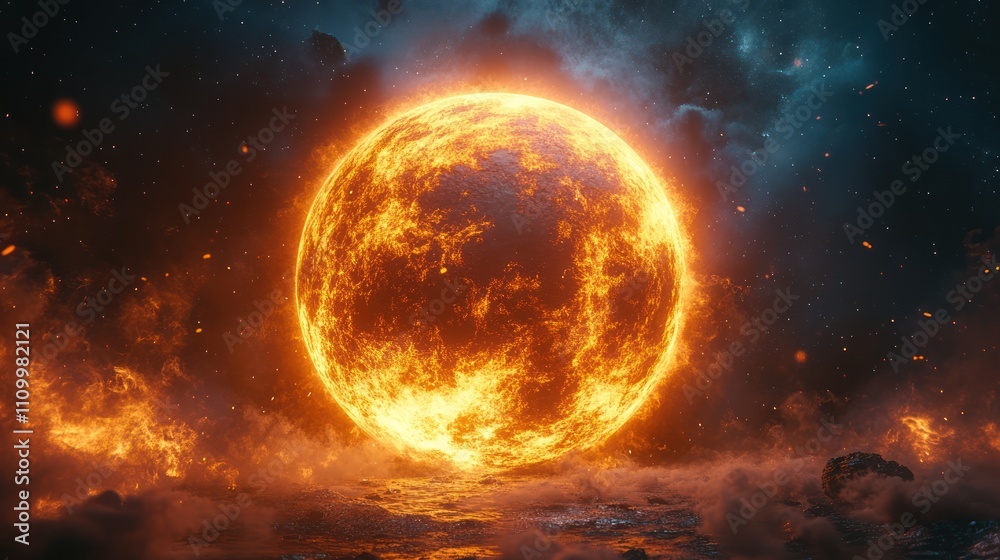Fiery Celestial Orb: A Blazing Inferno in the Cosmos Fiery Celestial Orb: A Blazing Inferno in the Cosmos
