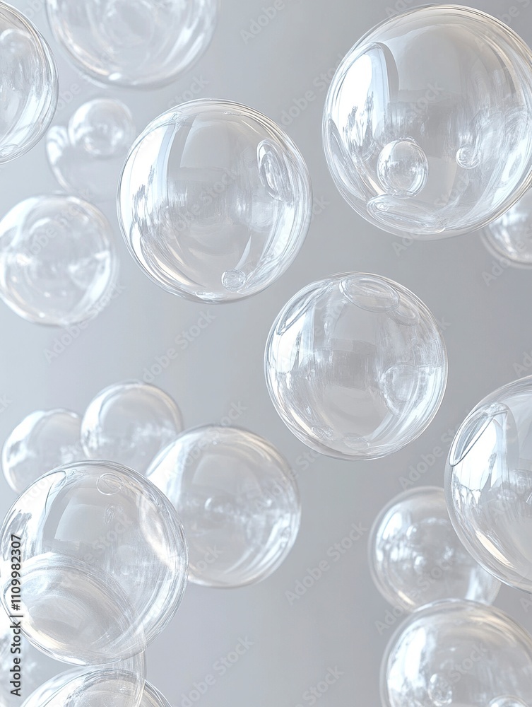 Abstract 3D rendering of transparent bubbles floating on a white background. Abstract 3D rendering of transparent bubbles floating on a white background.