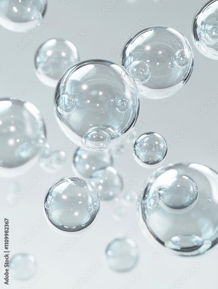 Abstract 3D rendering of transparent bubbles floating on a white background. Abstract 3D rendering of transparent bubbles floating on a white background.