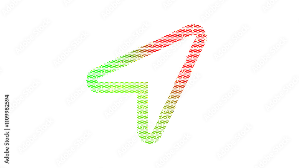 Icon location arrow is made up of LED square shapes. There are bright diodes and there are black dead diodes Icon location arrow is made up of LED square shapes. There are bright diodes and there are black dead diodes