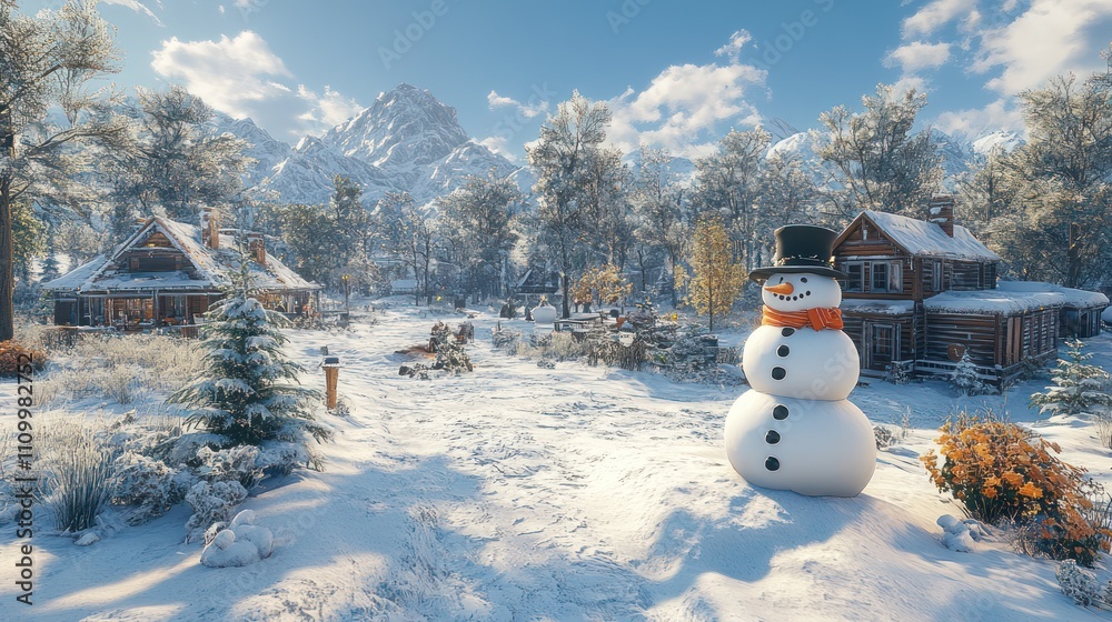 Fototapeta premium Winter Wonderland: A Snowman's Snowy Mountain Village
