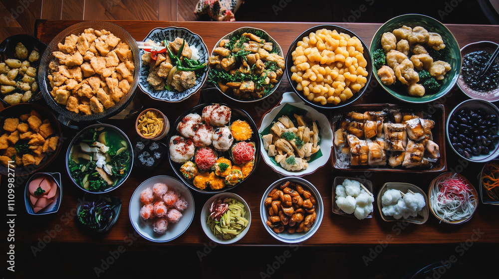 Fototapeta premium Osechi-ryori is a typical New Year's meal consisting of various dishes that symbolize good wishes for the year ahead, such as good luck, health, and abundance. ai generated images