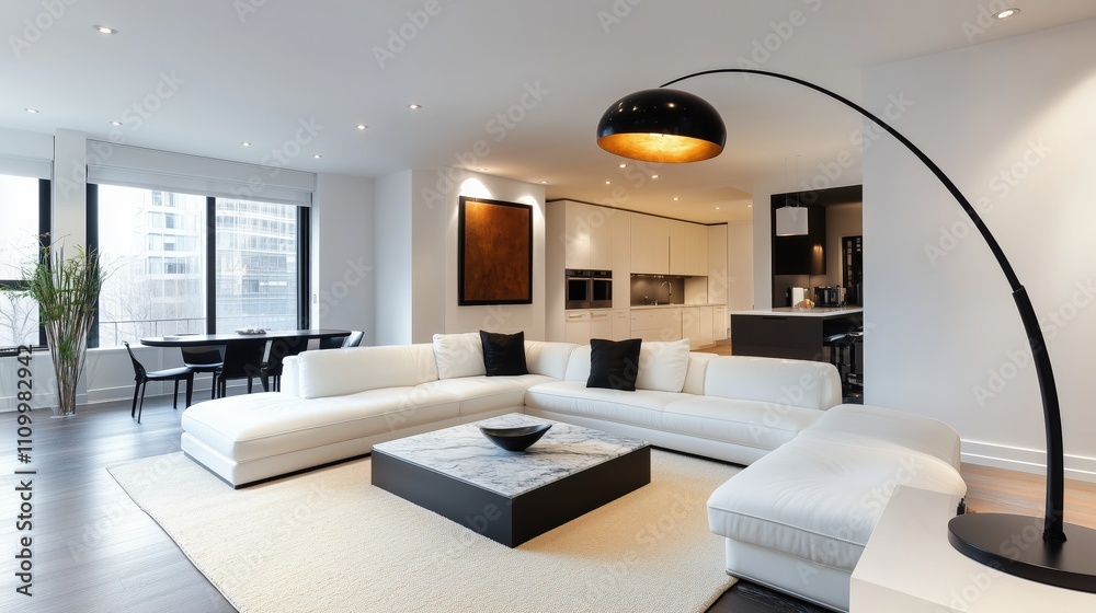 Contemporary living room with a sleek white couch, a marble coffee table, and a black floor lamp. Contemporary living room with a sleek white couch, a marble coffee table, and a black floor lamp.