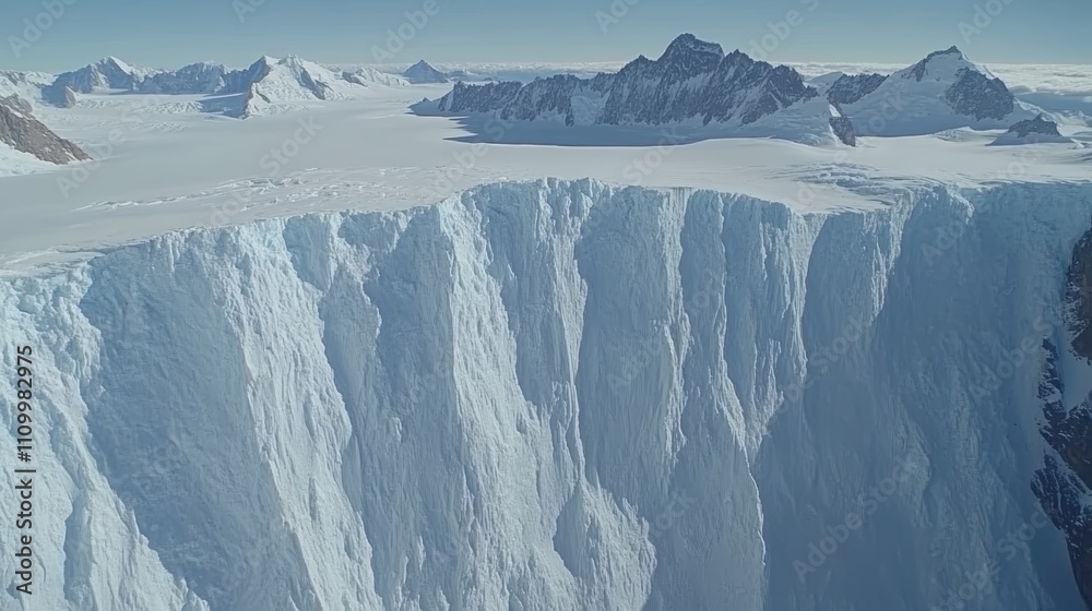 Aerial view of a massive ice cliff in Antarctica, with snow-covered mountains in the background. Aerial view of a massive ice cliff in Antarctica, with snow-covered mountains in the background.