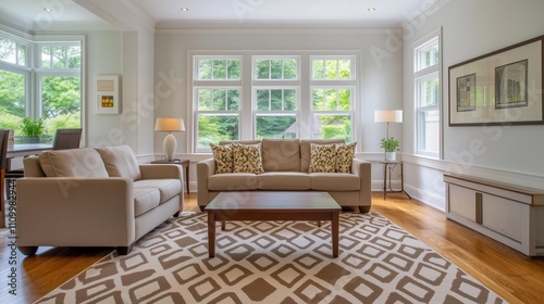 Simple living room with a beige loveseat, a geometric patterned rug, and clean white walls.