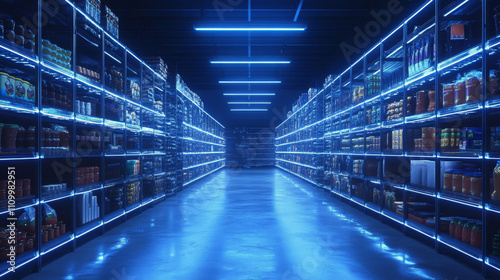 Futuristic Food Warehouse: Blue LED Lighting, High-Tech Shelves, Diverse Food
