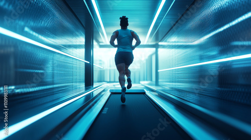 Futuristic Athlete Running on Treadmill, Sci-Fi Fitness, Low Gravity, 3D Rendering