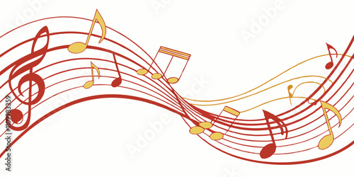 Flowing shiny musical waves with notes. Abstract musical background with place for text. Gold music notes and treble clef on line wave of sound tune. Vector illustration template for music festival.
